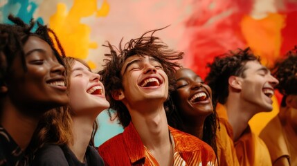 Obraz premium Diverse group of happy young adults laughing together against a colorful background.