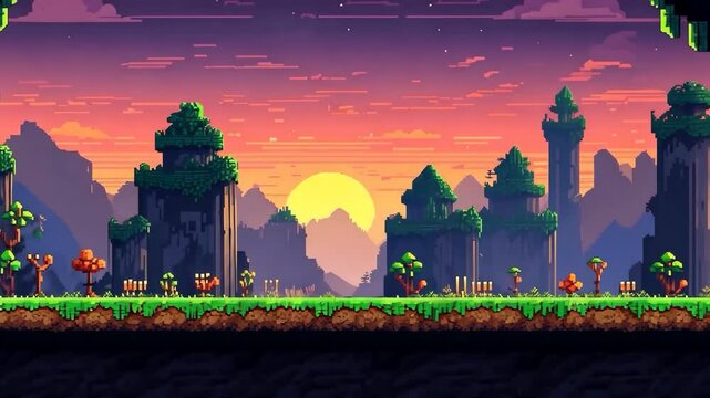 Video footage of Pixel art landscape with a sunset over mountains, lush greenery, trees, plants, and rocky formations, evoking a serene and vibrant natural scene