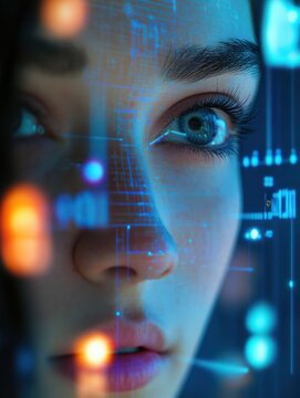 Futuristic biometrical analysis emotions. Close up woman face biometrics research. Innovate holographic interface inspecting person feelings using facial gestures. Digital technology future metaverse