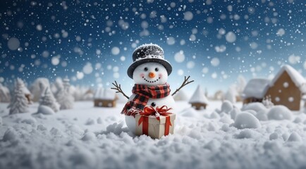 Christmas postcard. Merry christmas and happy new year. Snowman on the snowy winter background. Christmas banner. Winter greeting card.