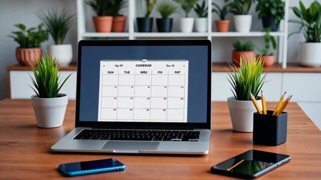 Video footage of laptop displaying a calendar sits on a wooden desk, surrounded by potted plants, a smartphone, a tablet, and a pencil holder with pencils