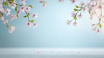 Fototapeta premium A blue sky with pink flowers on the branches