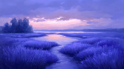 Obraz premium Lavender Field with Stream and Pastel Sunset Sky