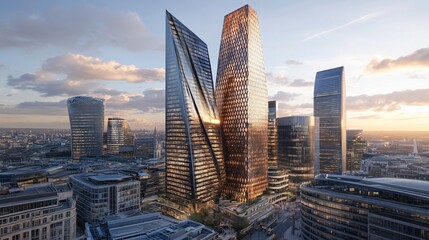 Obraz premium Panoramic cityscape view of modern skyscrapers, showcasing architectural design and urban development in a dynamic city setting at sunrise.