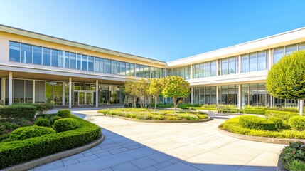Senior care facility exterior with well-maintained garden and welcoming entrance. Emphasizing comfort and dignity in elderly living environments.