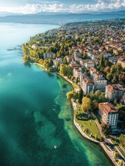 Lausanne, Switzerland. Flight over the central part of the city. The coast of Lake Geneva, Aerial View.