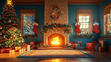 3d Christmas decor. A cozy and festive living room adorned for Christmas, featuring a beautifully decorated tree and a welcoming fireplace.