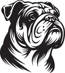 This stylized black and white vector illustration showcases a majestic bulldog, embodying strength, loyality, and resilience. perfect for designs related to pet adoption and urban lifestyle.