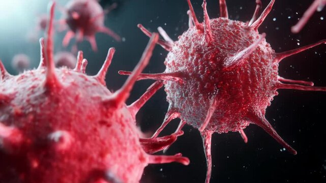 Microscopic biology exploring red virus cells and their intricate pathogen structures in science