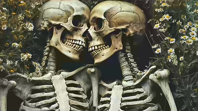 skeleton corpse of couple lover with flower grow on theme, forever love.