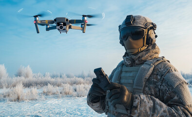 A military soldier in uniform holds the remote control of a drone flying above him