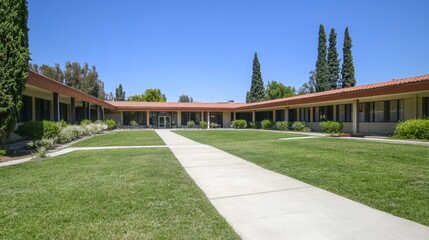 Obraz premium Senior care facility exterior with well-maintained garden and welcoming entrance. Emphasizing comfort and dignity in elderly living environments.