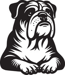 This stylized black and white vector illustration showcases a majestic bulldog, embodying strength, loyality, and resilience. perfect for designs related to pet adoption and urban lifestyle.