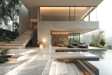 Fototapeta premium Modern Minimalist House With Infinity Pool And Lush Greenery