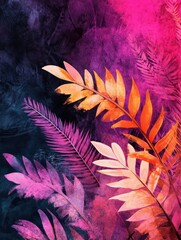 Obraz premium Tropical foliage art background vector.Digital print design with palm, floral and leaves with watercolor brush texture. Canvas art for wallpaper, wall arts, prints, fabric, pattern and packaging.