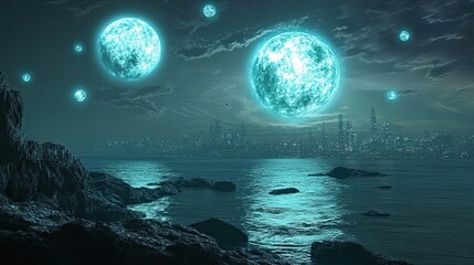 Fototapeta premium Futuristic Cityscape Under Glowing Celestial Bodies