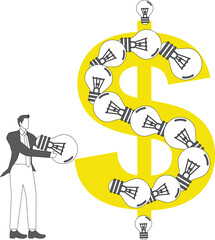 Creativity and money, investing in marketing to make money and profitable ideas, creative support in career or business development, isometric businessman holding a light bulb jigsaw puzzle dollar sig