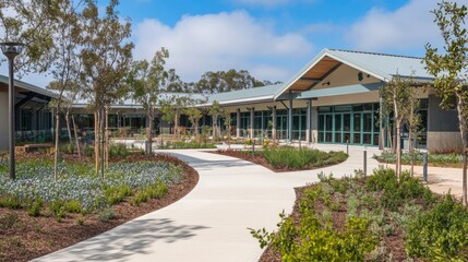 Senior care facility exterior with well-maintained garden and welcoming entrance. Emphasizing comfort and dignity in elderly living environments.