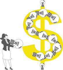 Creativity and money, investing in marketing to make money and profitable ideas, creative support in career or business development, isometric businesswoman holding a light bulb jigsaw puzzle dollar s