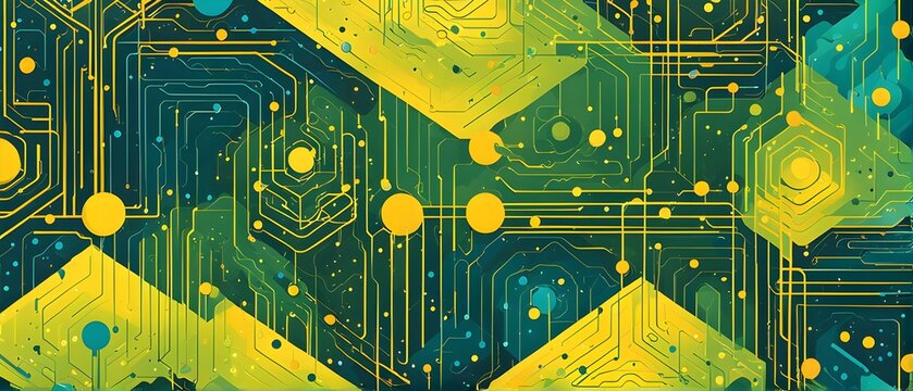 abstract wallpaper illustration, symbolic for artificial intelligence, lines, dots and pattern, vibrant yellow green and blue hues
