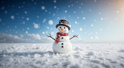 Fototapeta premium Funny snowman in a hat against the background of snow. Merry christmas and happy new year. Snowman on the snowy winter background.