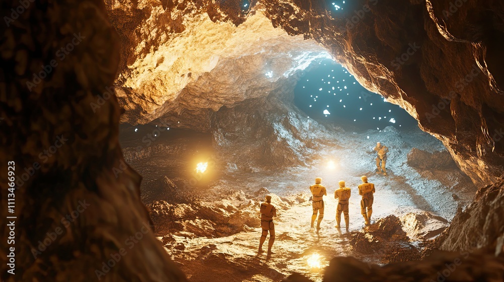 Wall mural astronauts explore luminous cave system discovering hidden wonders