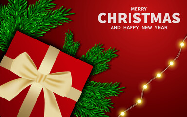 Merry Christmas greeting vector background design. Christmas greeting text on background with gift boxes, fir tree and decoration elements.