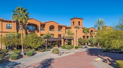 Obraz premium people care facility exterior with well-maintained garden and welcoming entrance. Emphasizing comfort and dignity in elderly living environments.
