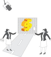 Spotting opportunities, discovering hidden riches, solving business problems, and getting out of sticky situations, businesswomen see through the light to find a hole in the wall in the shape of a dol