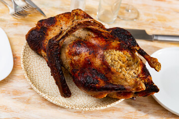 Delicious browned baked duck stuffed with barley and mushrooms. Festive dish