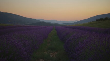 Obraz premium Lavender Field at Sunset with Distant Mountains