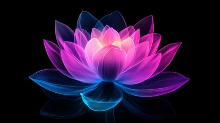 A vibrant, glowing lotus flower in shades of pink and blue, radiating elegance against a dark background.