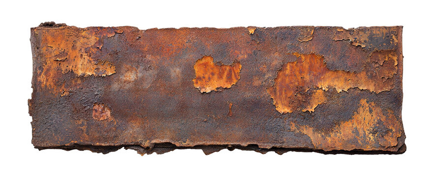 Vintage rusty metal panel with rough edges, isolated on transparent cutout background