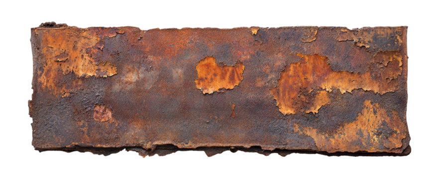 Vintage rusty metal panel with rough edges, isolated on transparent cutout background
