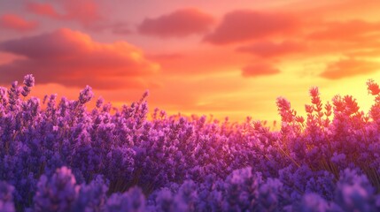 Fototapeta premium Lavender Field at Sunset with a Vibrant Orange Sky