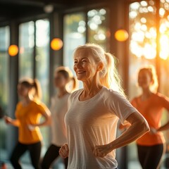 Fototapeta premium Dynamic fitness class led by senior instructor urban gym exercise session vibrant atmosphere inspirational leadership concept