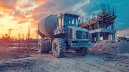 Construction Site with Concrete Mixer and Building Framework at Sunset