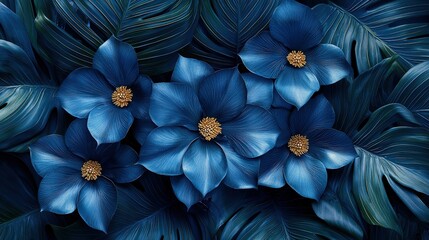 Lush blue flowers and tropical leaves: a moody botanical composition