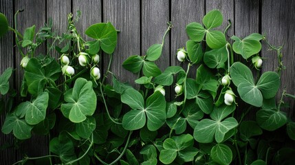 Lush Green Leaves and White Peas on Wooden Background Canvas