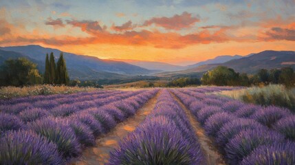 Fototapeta premium Sunset over a Field of Lavender with Mountains in the Distance