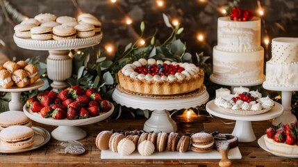 Fototapeta premium A Delectable Display of Elegant Desserts and Cakes Surrounded by Fresh Fruits and a Touch of Greenery for a Sweet Celebration or Event