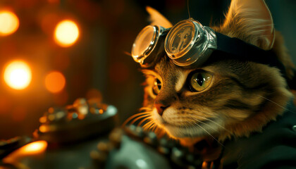 A stylish cat wearing goggles in a warm, illuminated atmosphere.