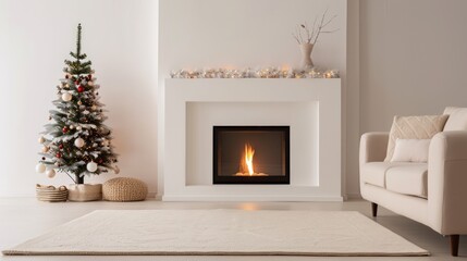 Cozy Holiday Living Room with Modern Fireplace, Festive Christmas Tree, Warm Glow of Fire, and Soft Neutral Decor for a Relaxing Winter Atmosphere