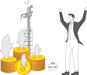 Passionate about making money, love of money, fire and desire for money, the isometric merchant stood in front of the pile of gold coins and waved his arms, the temperature of the thermometer behind h