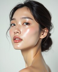 Minimalist portrait of a Korean woman with glowing dewy skin, soft natural makeup, and elegant updo hairstyle, perfect for skincare, beauty, and cosmetics concepts.