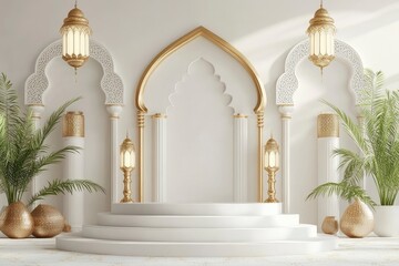 3d islamic white podium with gold, traditional lamp, mosque, pillar, dates leaves. 