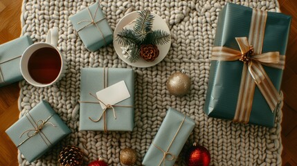 Fototapeta premium Beautifully Wrapped Presents and Festive Decorations on Cozy Knitted Rug with Cup of Tea, Pine and Ornaments for Holiday Season Celebrations