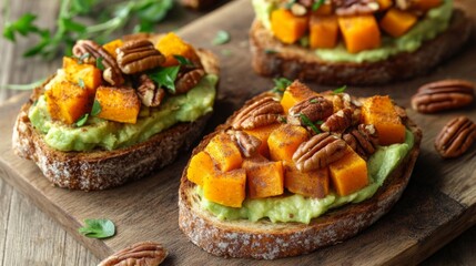 Three slices of toast topped with mashed avocado, diced butternut squash, and pecans are arranged on a wooden cutting board. There are a few pecans scattered around the toast.