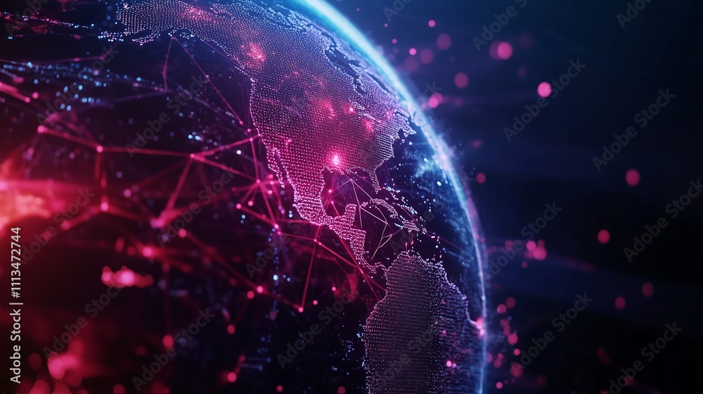 Poster visual representation of digital connections across the globe showcasing a network of data in urban 