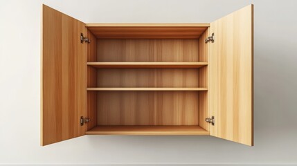 Empty light wood cabinet with open doors and three shelves against a white wall.